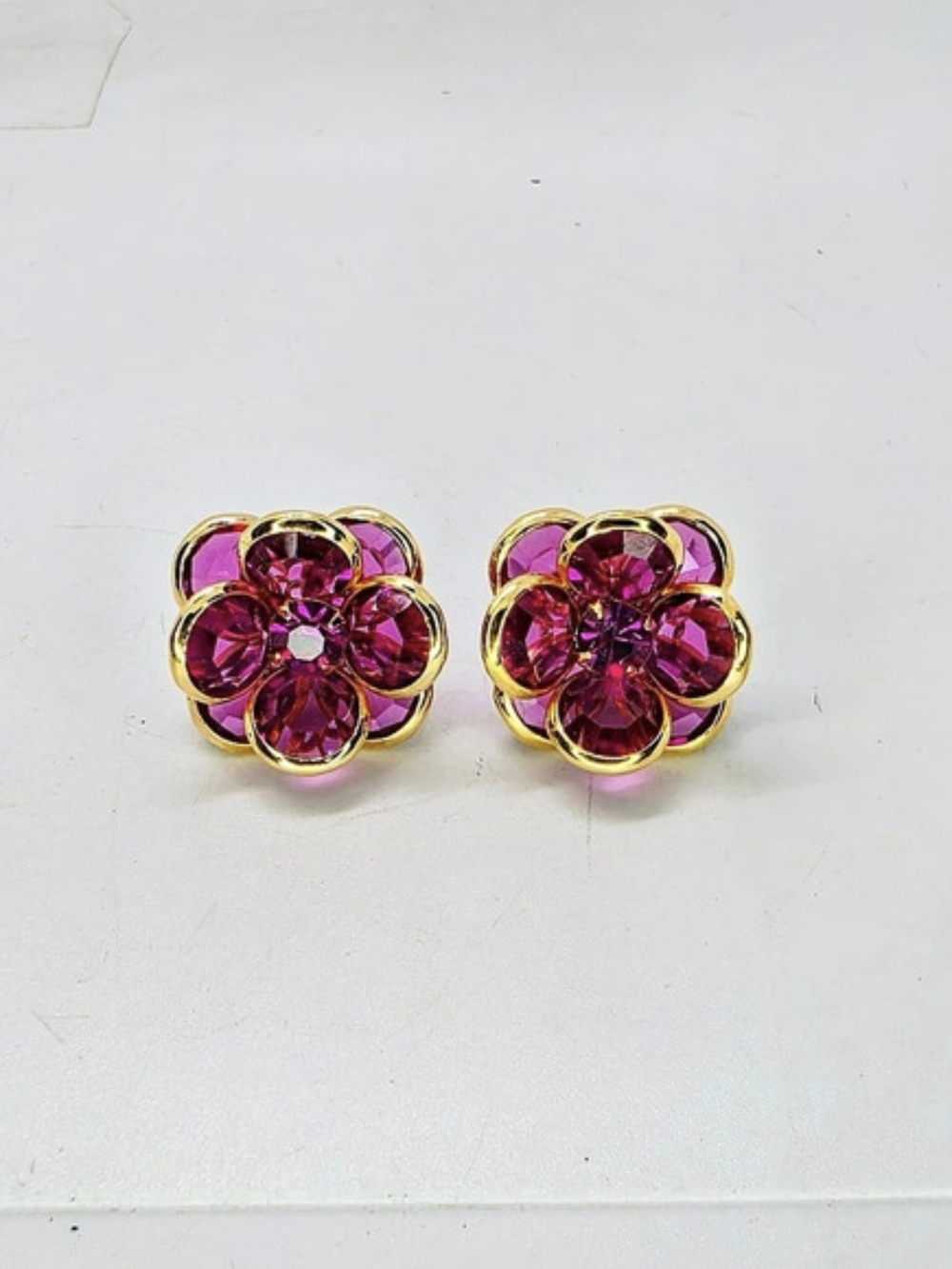 Vintage Swarovski Crystal Earrings Purple Bezel Set Flower Cluster Pierced